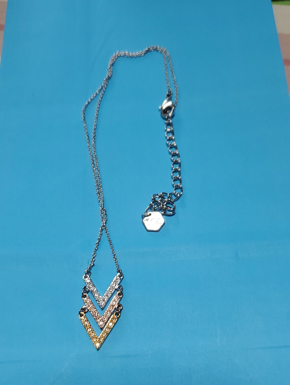 Touchstone Crystal Tri-Layer Chevron Necklace in Silver, Rose Gold & Gold